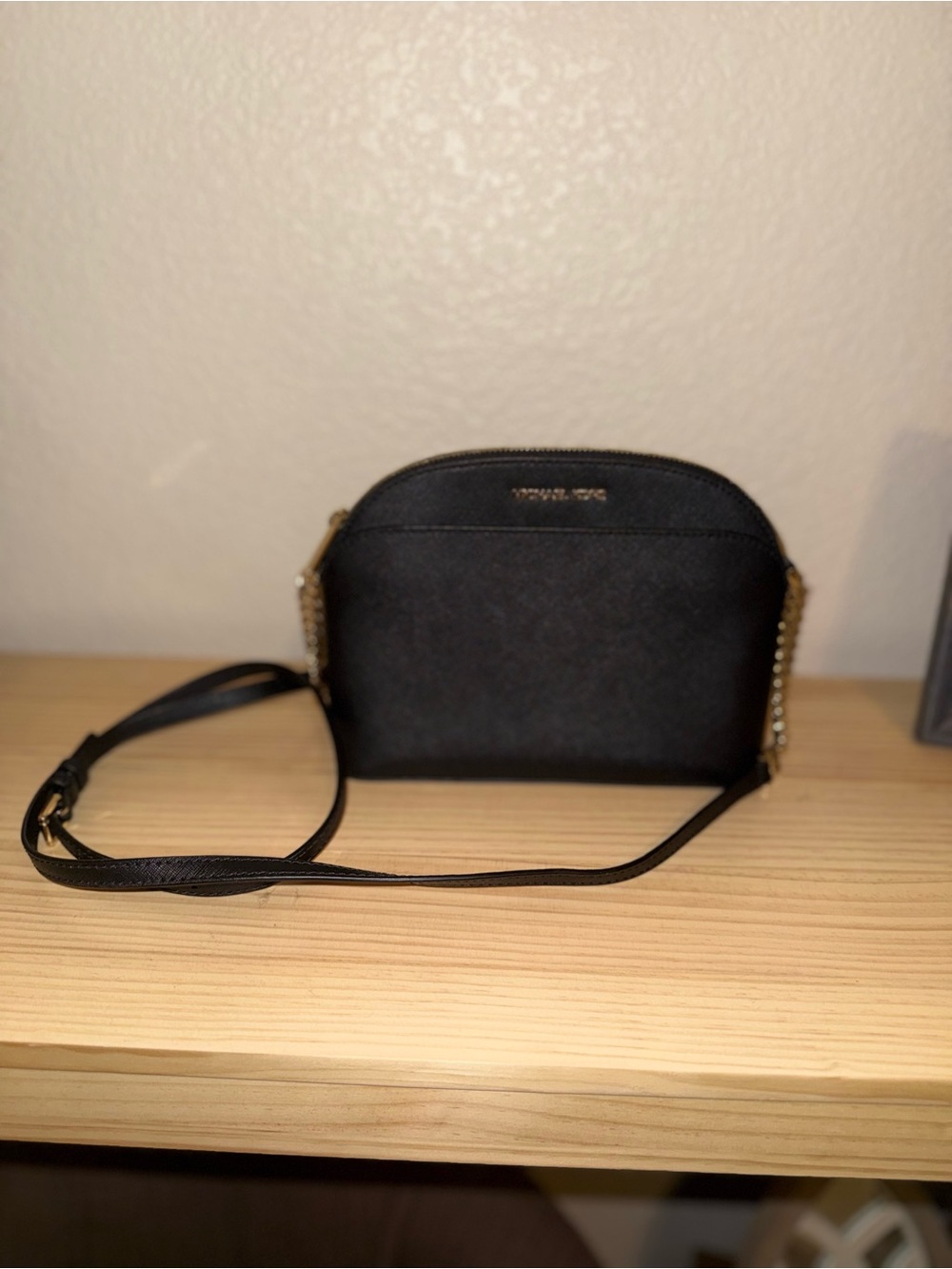 Michael Kors Black Saffiano Crossbody Dome Bag with Gold Chain
